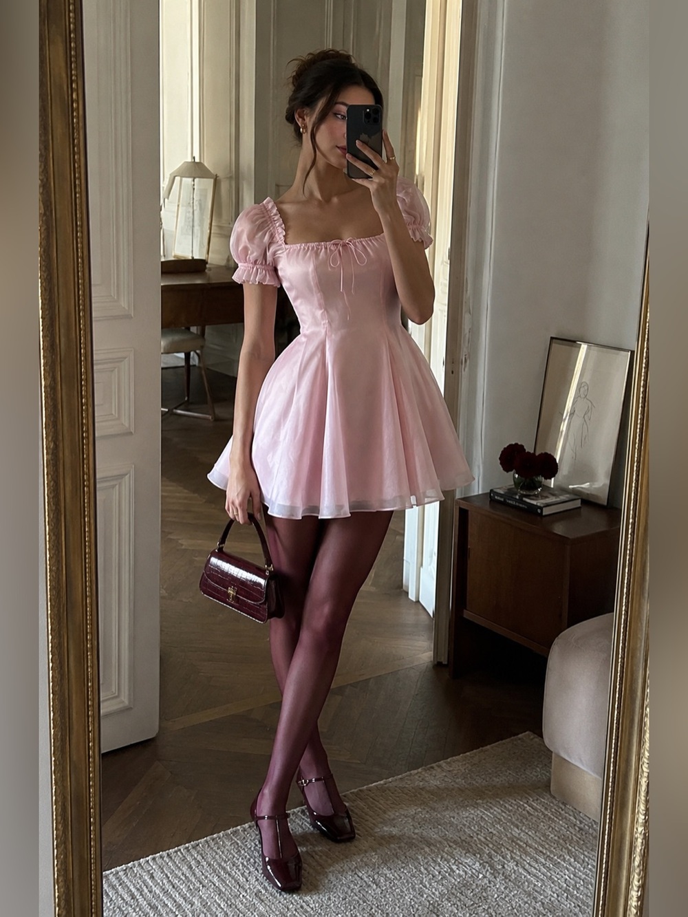 Selkie The Baby Soft Mini Garden Party Dress Pink Silk Puff Sleeve Size S